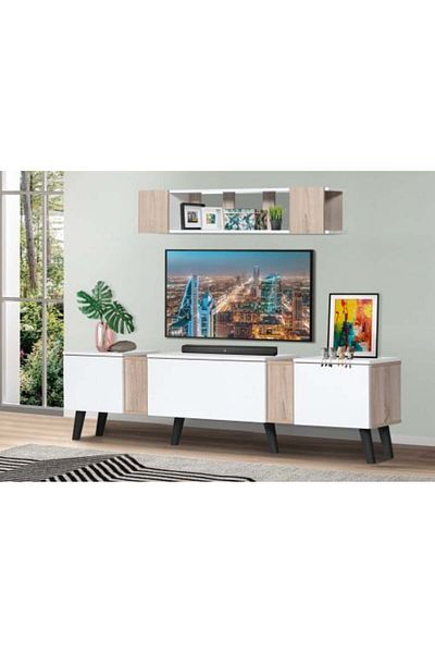 Generic Wooden TV Table with 3 Drawers and Wall Shelves - 180 cm, White and Light Brown
