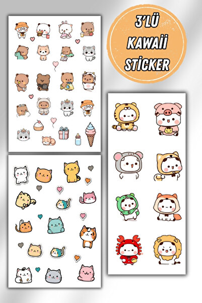 birikiyedi 3 Lü Kawaii Sticker Set 40 + Çıkartma - Telefon Laptop Notebook Ta...