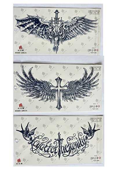 Airbrush Tattoo Haçlı Kanat 3 Hafta Kalıcı 3 adet Sırt Göğüs için Büyük Boy Y...