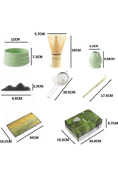 COOYA 7 Pcs Matcha Tea Set, Include Matcha Bowl, Scoop, Stainless Steel Tea Sifter, Whisk Holder, Green