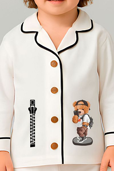 peki baby&kids Well Boy Soft Combed Cotton Teddy Selfie Teddy Bear Print Line Piping Pajama Set 18859