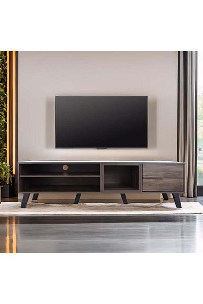 Generic 160 cm Malaysian Wood TV Table with Drawer and 2 Shelves - Brown