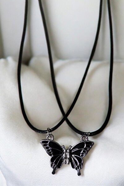 MakeWell Mıknatıslı Pembe Siyah ve Beyaz Kelebekli Mıknatıslı Kolye 2li Arkadaşlık Kolyesi