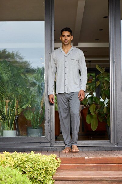 KLY PİJAMA KLY 9134 Ανδρικό 100% βαμβακερό κοστούμι πιτζάμες με κουμπιά, μακρ...