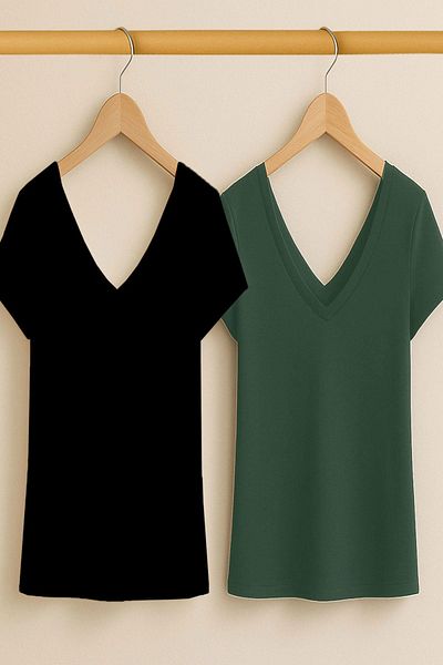 COTENCONCEPT 2 Pcs Front and Back V-Neck Basic Cotton T-Shirt