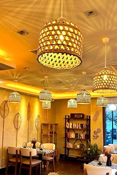 afralya home Hasır Bambu Rafya Bohem Rattan Avize 30cm (duy Dahil )