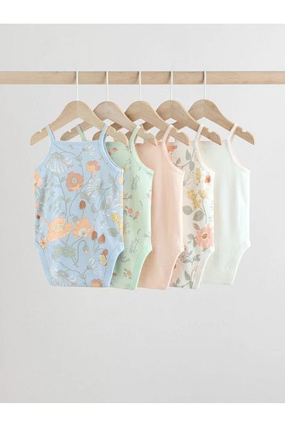 Next Baby 100% Organic Cotton Blue Floral Patterned Straps 5-Piece Baby Bodysuit Alye19751