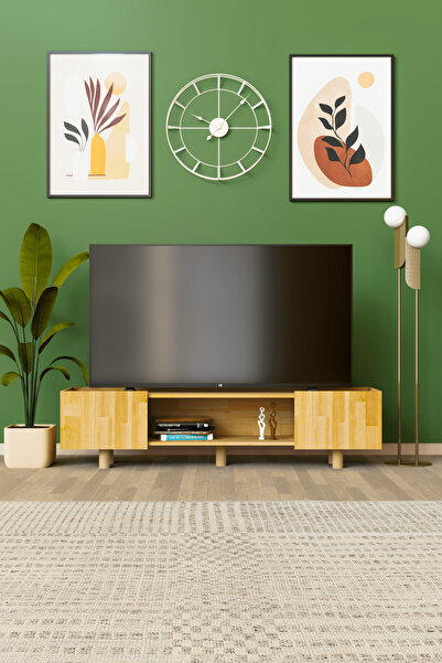 Zecir Masif Ahşap TV Ünitesi 180 cm/70 inç, Modern 2 Kapaklı Açık Raflı Tv Se...