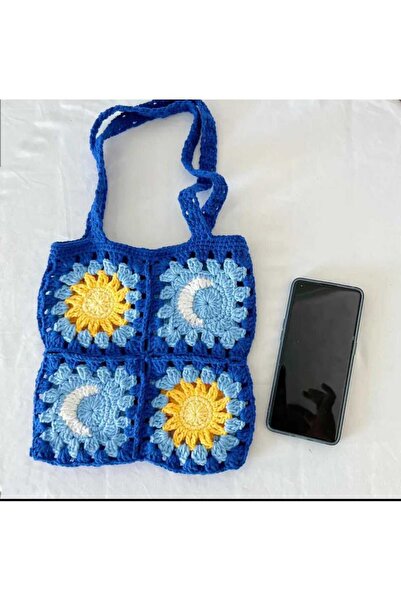 Kadın Girişimciler Atölyesi Gece Gündüz Motifli Model Handmade Örgü  % 100 Cotton Kadın El Çantası