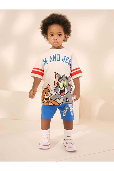 Magu Unisex Kids Cotton White Cartoon Character Printed T-Shirt and Blue Shorts Set