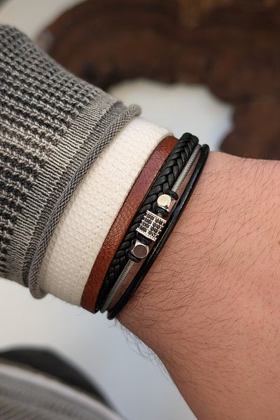 cheetah quality Zircon Stone Custom Made Genuine Leather Men's Bracelet