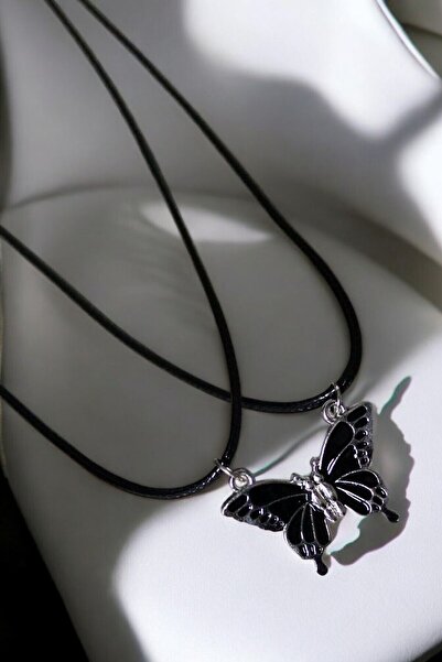 MakeWell Mıknatıslı Pembe Siyah ve Beyaz Kelebekli Mıknatıslı Kolye 2li Arkadaşlık Kolyesi