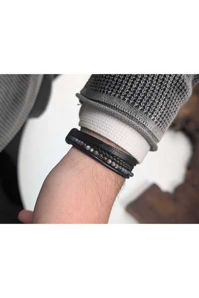 cheetah quality Custom Made Leather Men's Bracelet with Natural Stone