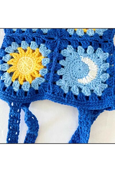 Kadın Girişimciler Atölyesi Gece Gündüz Motifli Model Handmade Örgü  % 100 Cotton Kadın El Çantası