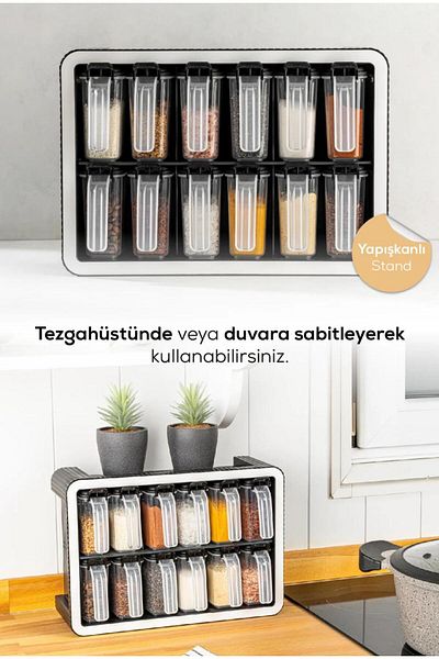 Şener collection مجموعة من 12 وعاء توابل فاخر مع رف منظم وعاء توابل وعاء توابل مع ملعقة