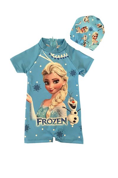 YUMİYUMM Costum de baie pentru fetiță, cu imprimeu cu caractere, albastru și cu fermoar ascuns
