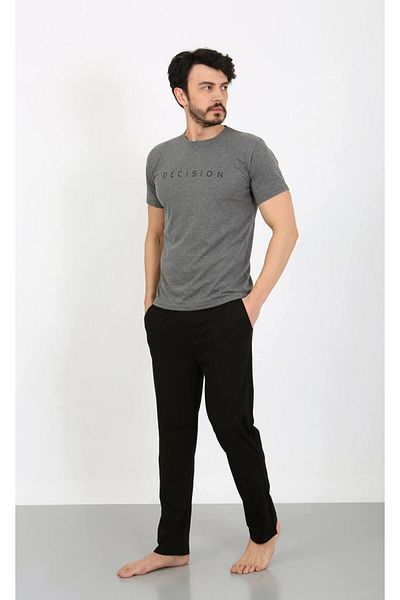 shopshop Ανδρικό γκρι μαύρο εμπριμέ 100% βαμβακερό κοντομάνικο σετ καλοκαιρινές πιτζάμες με τσέπες