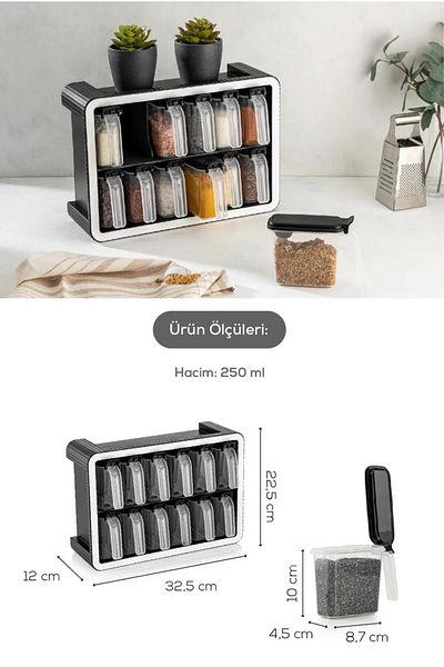 Şener collection مجموعة من 12 وعاء توابل فاخر مع رف منظم وعاء توابل وعاء توابل مع ملعقة