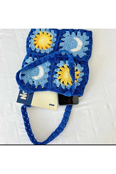 Kadın Girişimciler Atölyesi Gece Gündüz Motifli Model Handmade Örgü  % 100 Cotton Kadın El Çantası