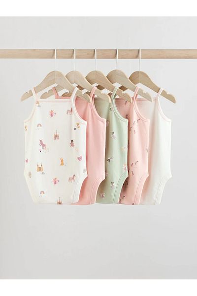 Next Baby 100% Organic Cotton Multicolor Unicorn/Fairy Patterned Straps 5-Piece Baby Bodysuit Alye58051