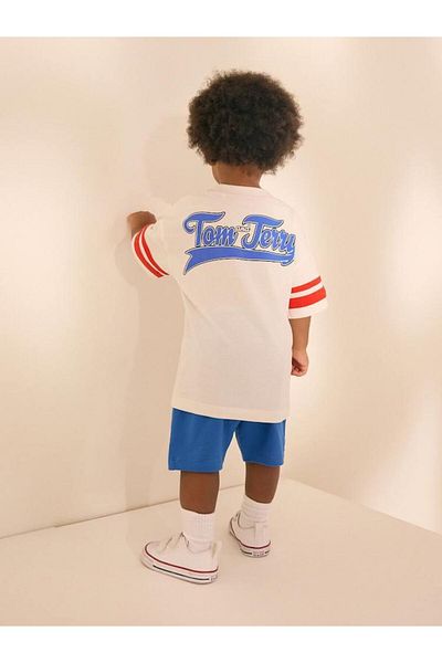 Magu Unisex Kids Cotton White Cartoon Character Printed T-Shirt and Blue Shorts Set
