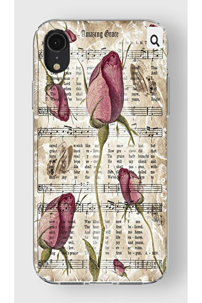 moonset Iphone XR Uyumlu Çiçek ve Notalar Tasarımlı Baskılı Şeffaf Telefon Kı...