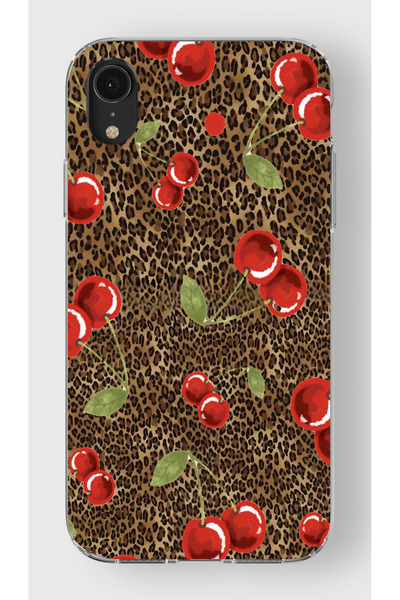 moonset Iphone XR Uyumlu Leopar ve Kiraz Tasarımlı Baskılı Şeffaf Telefon Kılıfı