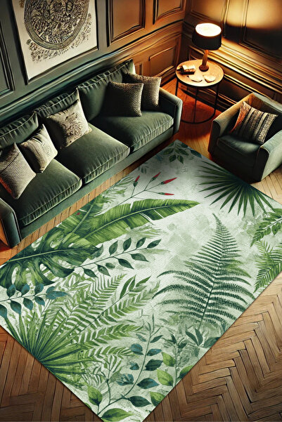 The Reef Design Jungle Yapraklı Halı Dijital Baskılı Dokuma Kaymaz Tabanlı Halı Yaprak Desenli Oturma Odası Halısı