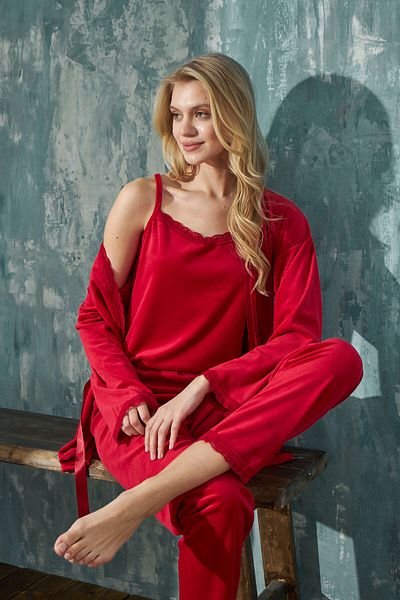Mihra Women's Pajama Set Soft French Velvet Lace Dressing Gown 3-Piece Set