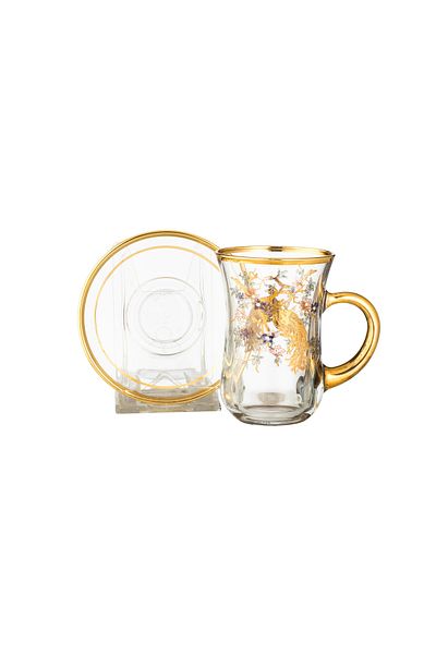 Dania Turkish Crystal Tea Cup Set Laser Engraved Colorful Bird Decor 6 Cups + 6 Saucers