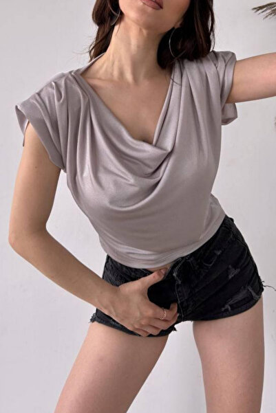 SYMPATHY Kadın Gri Geniş Omuz Vatkalı Degaje Abiye Bluz