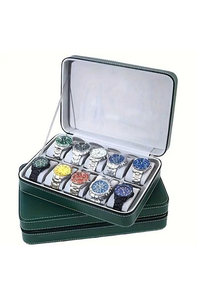 zyc Zippered Luxury Green Color Faux Leather Watch Case 10 Capacity Dustproof Watch&Jewelry Storage Box.