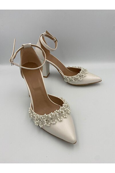 Aslının Butiği BRID2 حذاء زفاف بكعب مكتنز مزين باللؤلؤ، حذاء زفاف برباط للكاحل