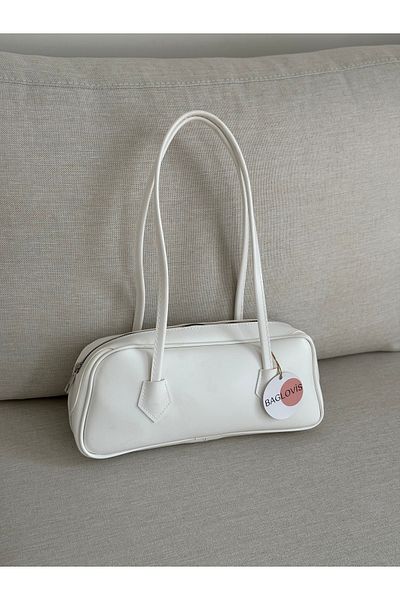 BAGLOVİS Hangers Long Baguette White Color Women's Shoulder Bag En30 Uzn15