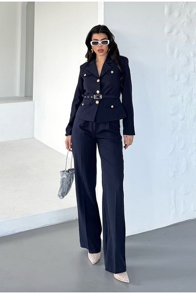 pembekurdelem Women's Belt Detail Classic Jacket Trousers Suit Navy Blue