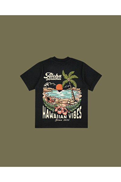 Altair Tr تي شيرت أسود اللون كبير الحجم بقصة هاواي فايبس مطبوع عليه نخيل للجن...