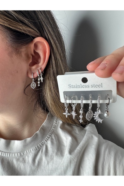 zarifje Çelik 6'lı Küpe Seti | Yıldız, Ay, İnci Detaylı Trend Küpeler