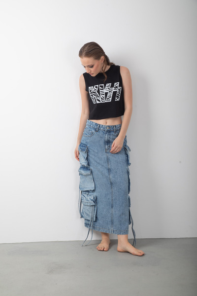 Genel Markalar Cepli Tasarım Uzun Kargo Kot Etek