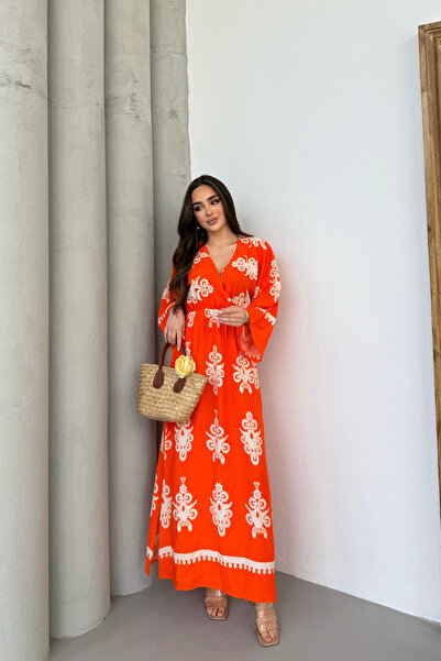 Mezka Φόρεμα με έθνικ σχέδιο βισκόζης μακρυμάνικο πορτοκαλί