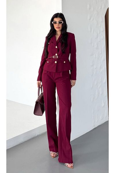 pembekurdelem Women's Belt Detail Classic Jacket Trousers Suit Claret Red