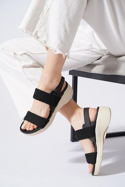 Moda Pie Sandale de damă Lenas cu bandă dublă cu velcro la spate, negre