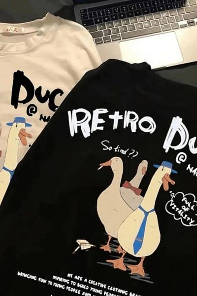 Gofeel White Retro Duck Printed Detailed Short Sleeve Oversize Unisex T-Shirt