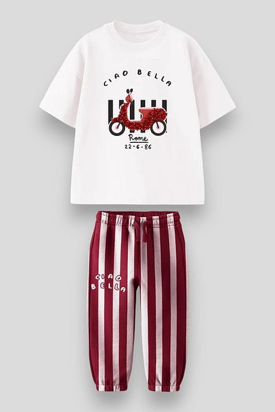 Magu Set de tricou cu imprimeu Ciao Bella din bumbac alb și pantaloni cu dungi bordeaux pentru fete