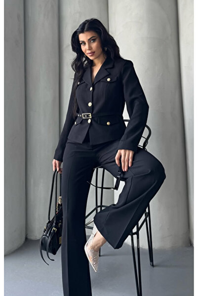 pembekurdelem Women's Belt Detail Classic Jacket Trousers Suit Black