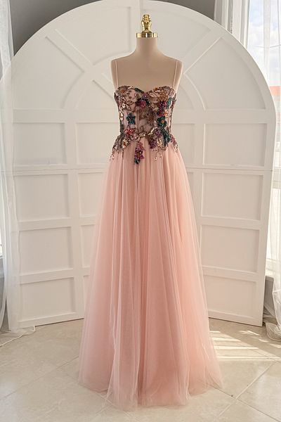 Lenta Moda Powder Colored Embroidered Lace Overlay Transparent Evening Dress and Evening Dress