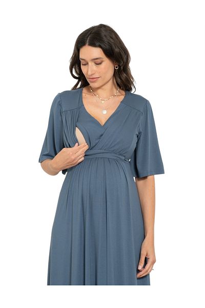 MAMAYAGA Women's V Double Breasted Collar Breastfeeding Featured Maxi Length Sports Stylish Maxi Length Maternity Dress