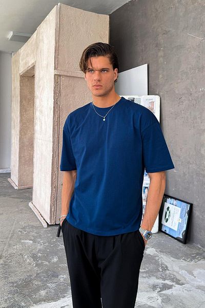 HAFKAGİYİM Navy Blue Cozy Basic Oversize T-Shirt