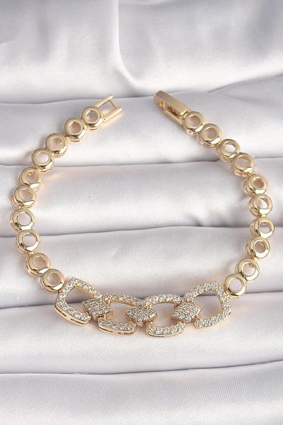 Celira Brass Gold Color Zircon Stone Circle Chain Model Women's Bracelet