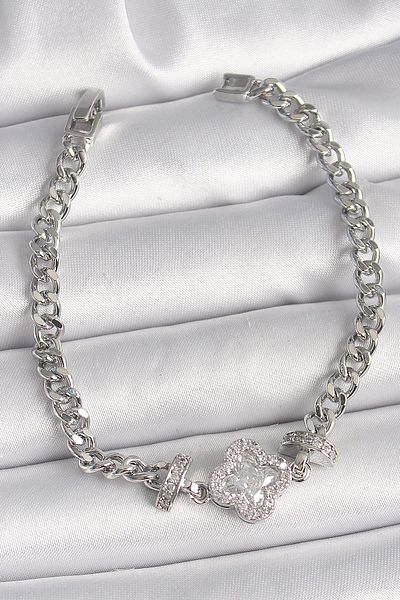 Celira Brass Silver Color Zircon Stone Clover Figure Chain Model Women's Bracelet