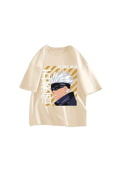 Gofeel Beige Jujutsu Jaisenprinted Detailed Short Sleeve Oversize Unisex T-Shirt